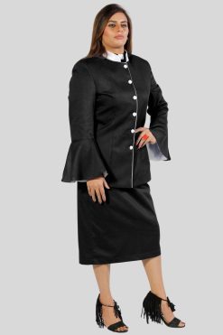 Ladies Church Suits Black with White Trim and Flared Sleeves