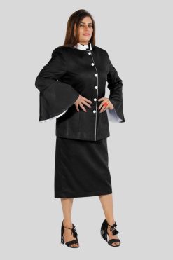Ladies Church Suits Black with White Trim and Flared Sleeves