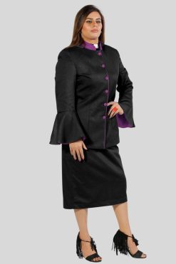 Ladies Clergy Dresses Black with Purple Trim and Flared Sleeves