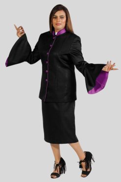 Ladies Clergy Dresses Black with Purple Trim and Flared Sleeves