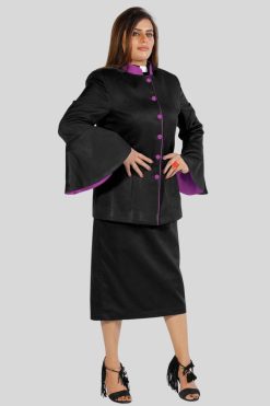 Ladies Clergy Dresses Black with Purple Trim and Flared Sleeves