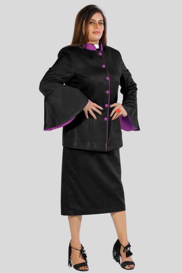 Ladies Clergy Dresses Black with Purple Trim and Flared Sleeves
