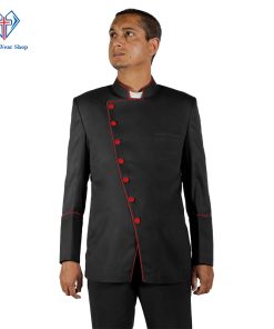 Men's Black Double-Breasted Clergy Jacket with Red trim