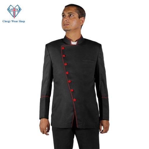 Men's Black Double-Breasted Clergy Jacket with Red trim