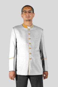 Mens White Seven Button Clergy Jacket with Golden Piping