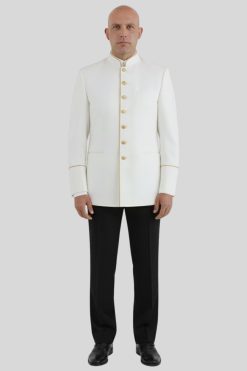 Mens White Seven Button Clergy Jacket with Golden Piping