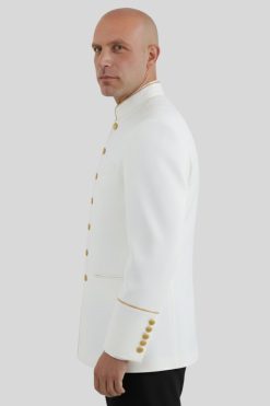 Mens White Seven Button Clergy Jacket with Golden Piping