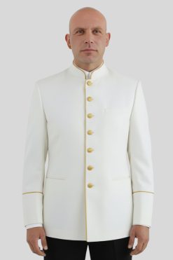 Mens White Seven Button Clergy Jacket with Golden Piping