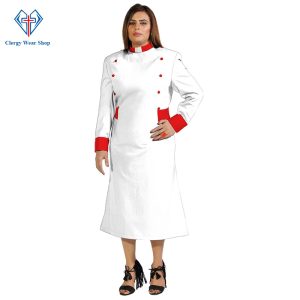 Chic Women’s Clergy Dress White with Red Designer Button
