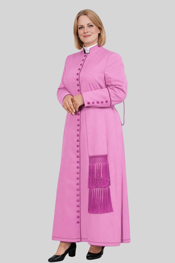 Consecrated Women's Pink Cassock with Red Purple Trim