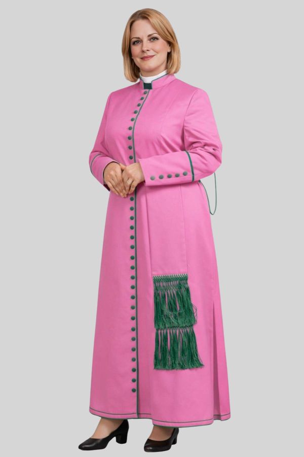 Consecrated Women's Pink Cassock with Green Trim