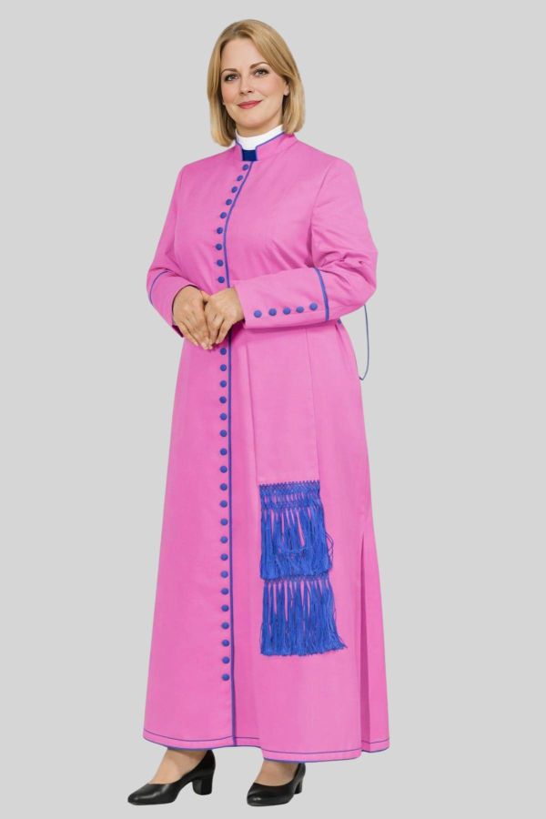 Consecrated Women's Pink Cassock with Royal Blue Trim