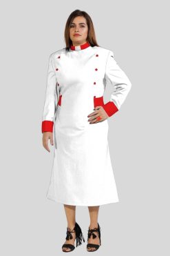 Designer Clergy Dress White with Red Designer Button Trim
