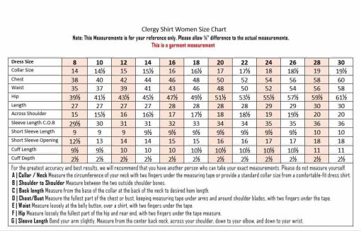 W Short Sleeve Clergy Shirt Size Chart