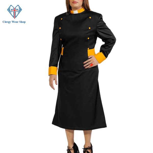 Women’s Clergy Dress Black With Gold Designer Buttons