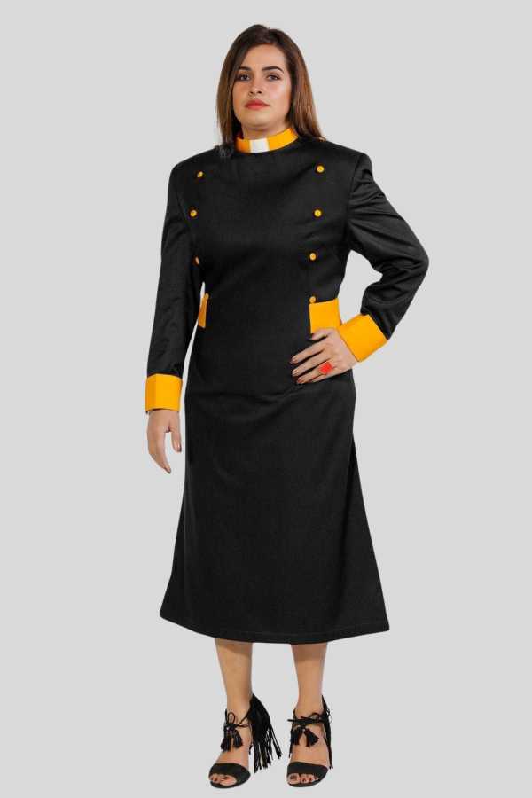 Women’s Clergy Dress Black with Golden Designer Button Look