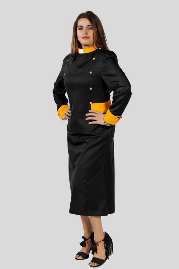 slim fit dress slacks Knee Length Black Wedding Dress with Gold Underlay and Sash main image 1