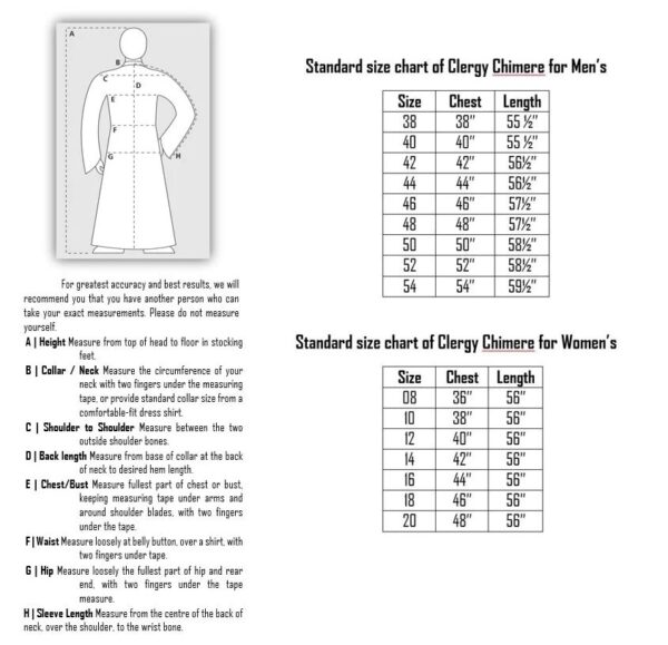 Men's & Womens Chimere Size Chart