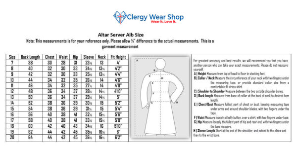 Size Chart Altar Server Albs