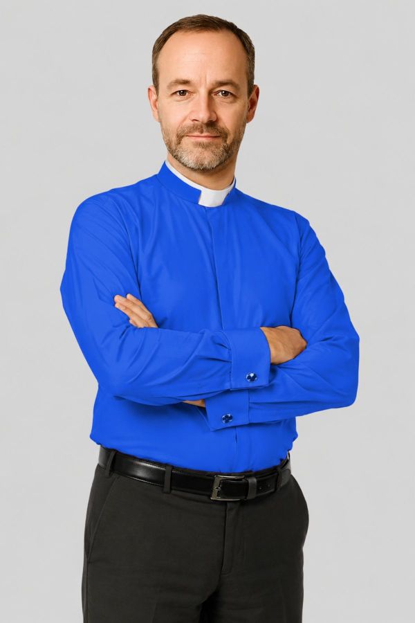 Men’s Royal Blue Clergy Shirt Roman Collar & French Cuff Design