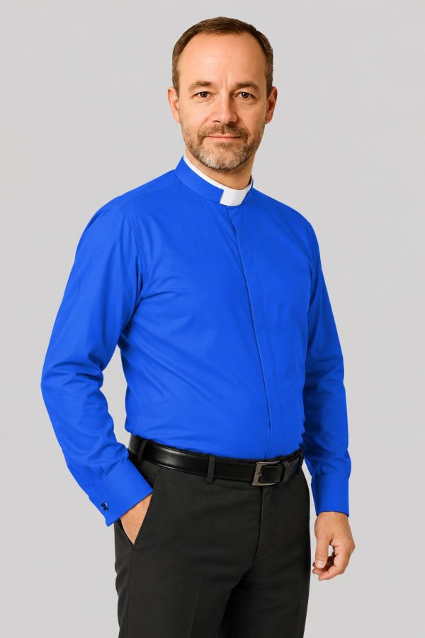 Men’s Royal Blue Clergy Shirt Roman Collar & French Cuff Design