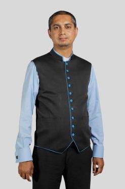 Black Clergy Vest with Blue Trim for Modern Look