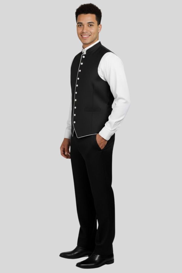 Black Vest with White Trim in Modern Fit for Men