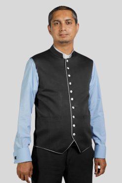Black Vest with White Trim in Modern Fit for Men