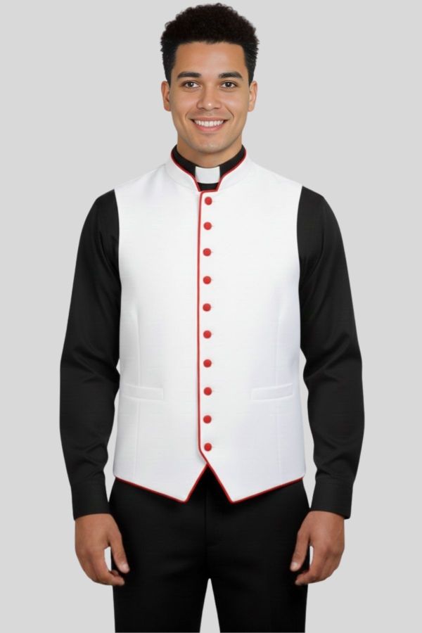 White Clergy Vest with Red Trim for Liturgical Use