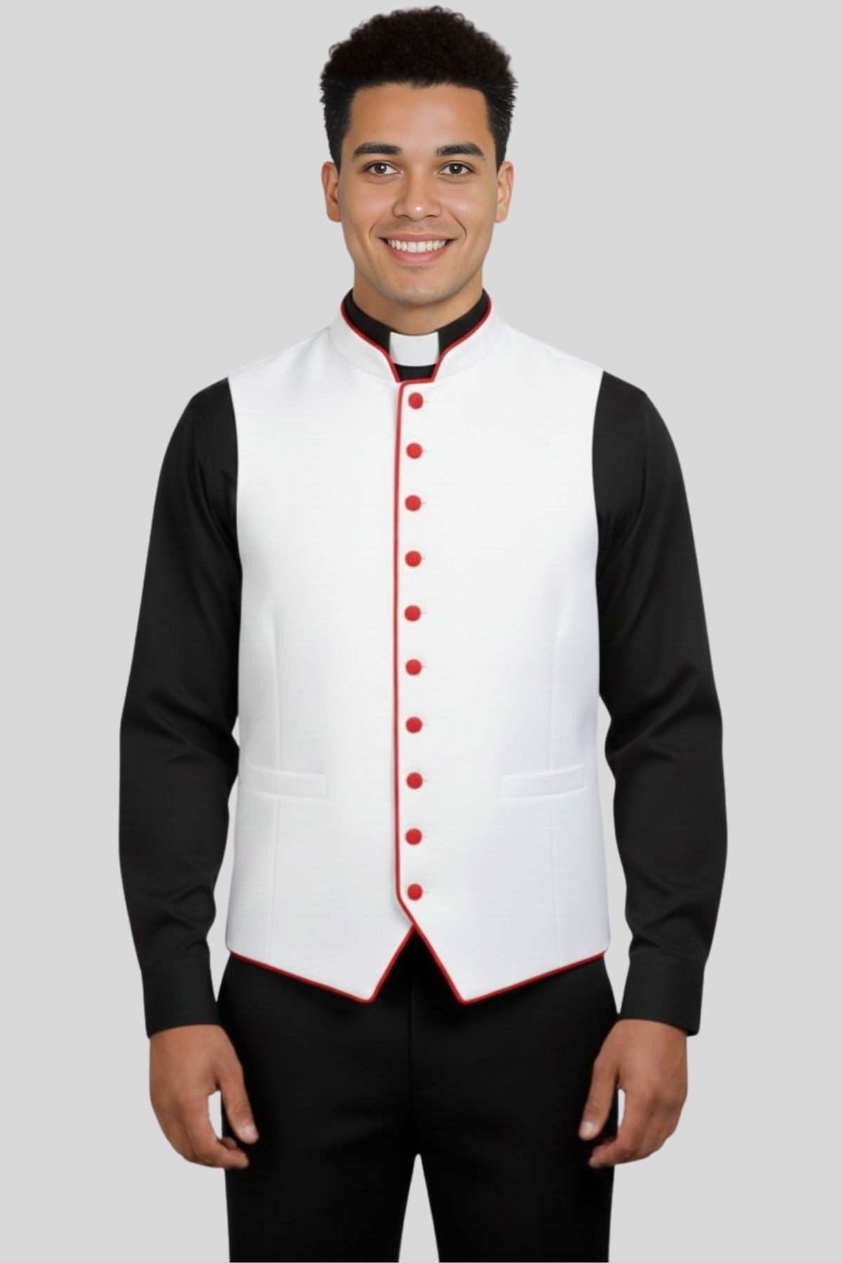 White Clergy Vest with Red Trim for Liturgical Use (2) White Clergy Vest with Red Trim for Liturgical Use