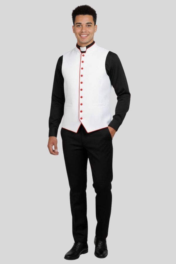 White Clergy Vest with Red Trim for Liturgical Use