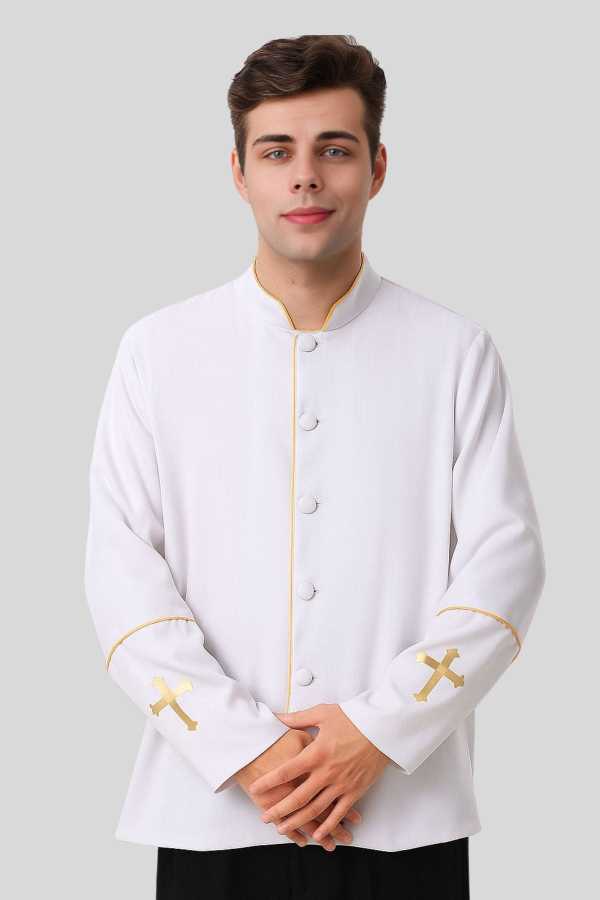 Men's Preacher Clergy Jacket In White & Golden Trim