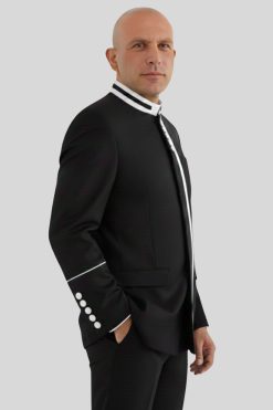 Modern Black Clergy Jacket with White Piping Trim