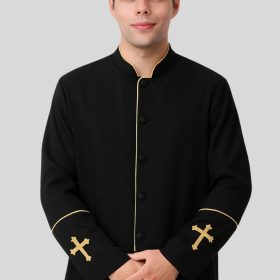 Stylish Black Mens Preacher Clergy Jacket with Golden Trim