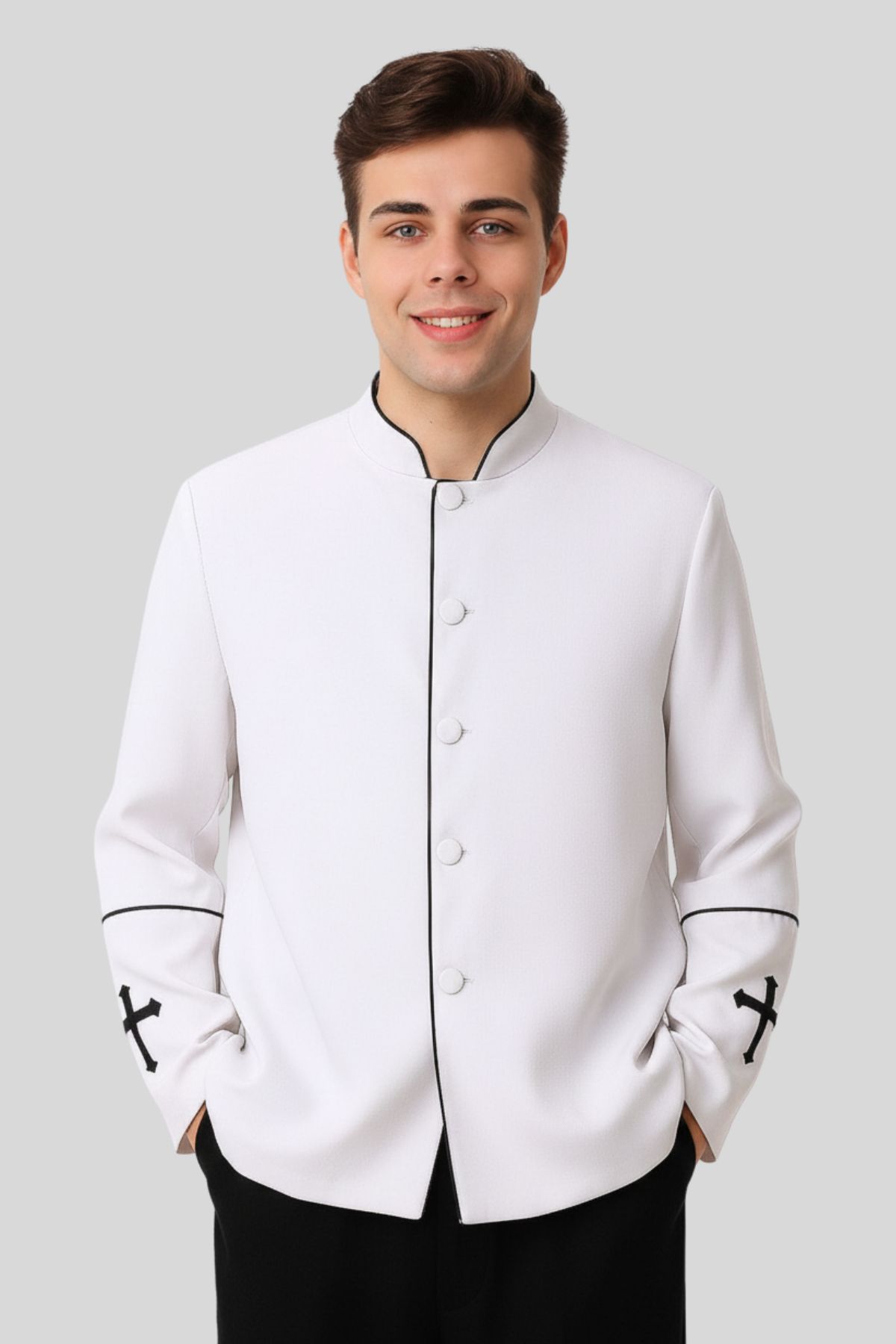Men’s Preacher Clergy Jacket In White & Black (2) Men's Preacher Clergy Jacket In White & Black