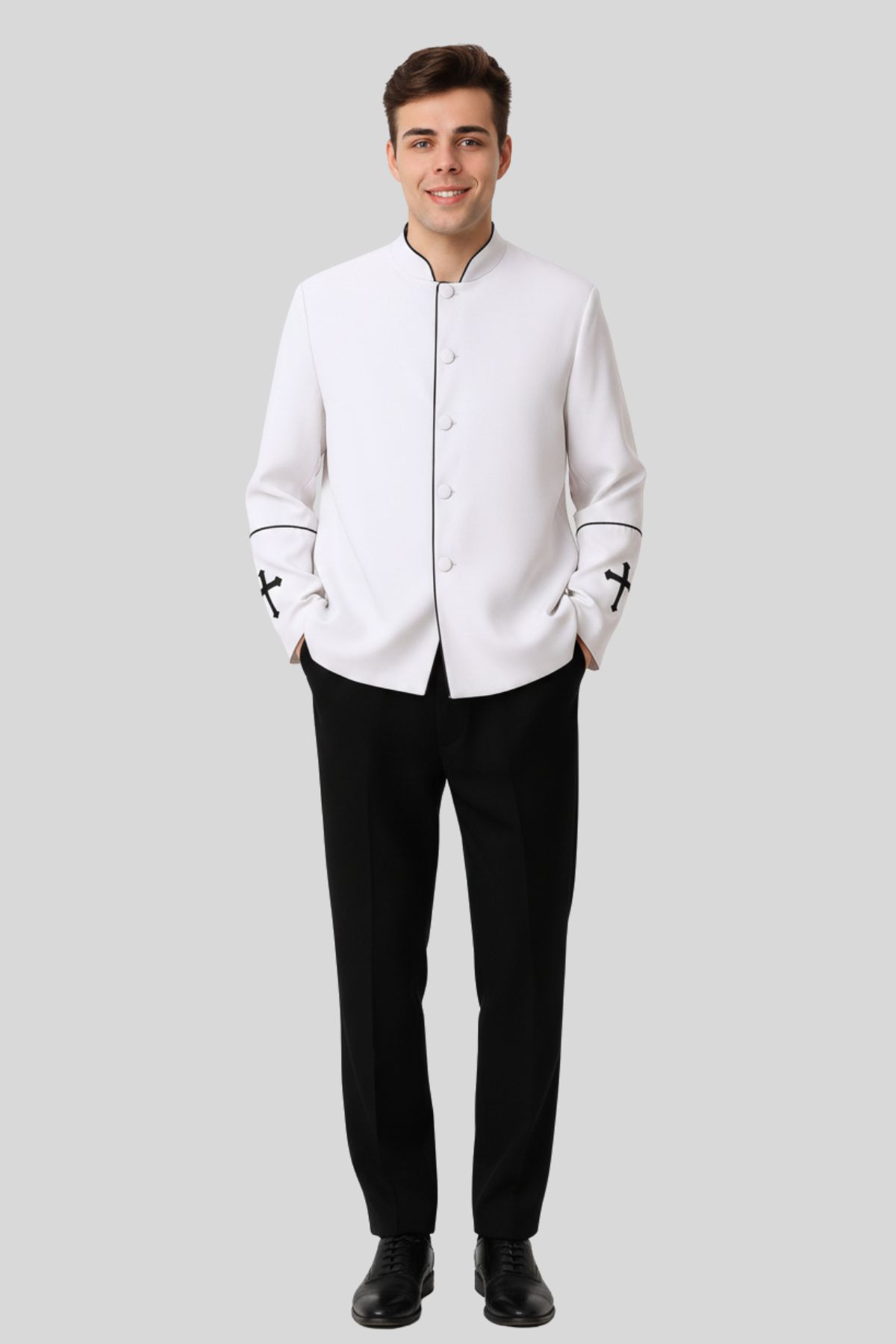 Men’s Preacher Clergy Jacket In White & Black (3) Men's Preacher Clergy Jacket In White & Black