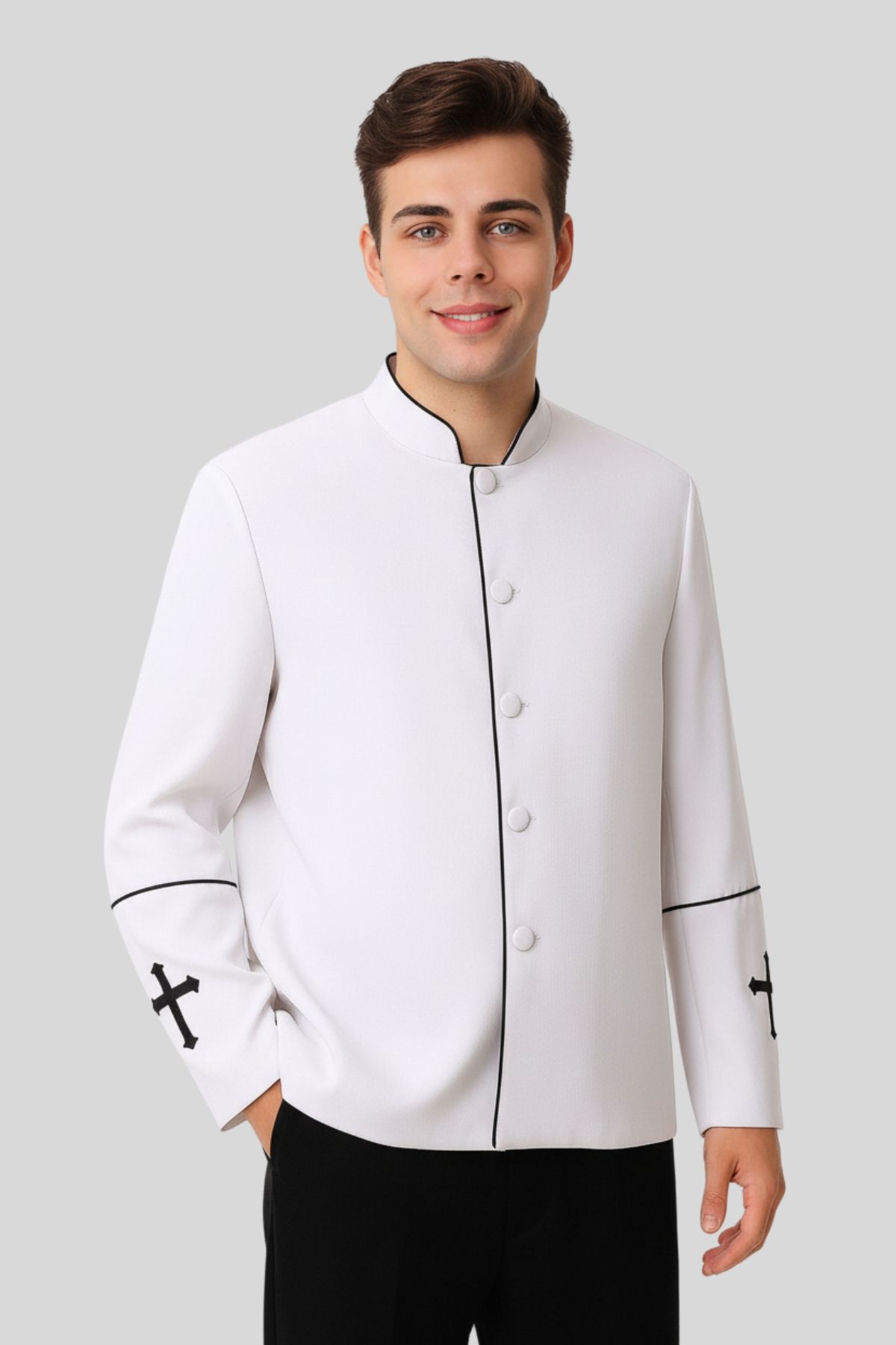 Men’s Preacher Clergy Jacket In White & Black Men's Preacher Clergy Jacket In White & Black