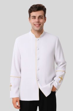 Men's Preacher Clergy Jacket In White & Golden Trim