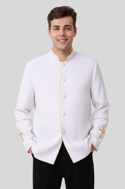 Men's Preacher Clergy Jacket In White & Golden Trim