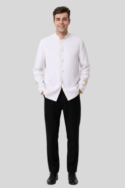 Men's Preacher Clergy Jacket In White & Golden Trim