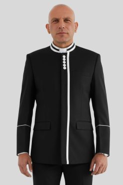 Modern Black Clergy Jacket with White Piping Trim