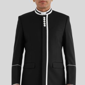 Modern Black Clergy Jacket with White Piping Trim