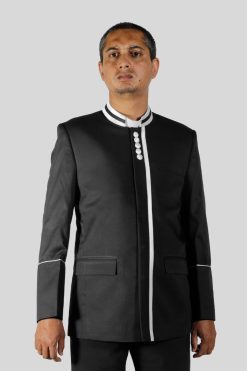 Modern Black Clergy Jacket with White Piping Trim