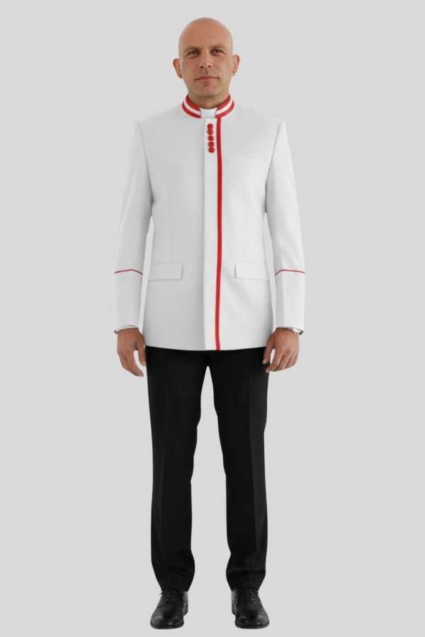 Modren Button Mens White Clergy Jacket with Red Trim