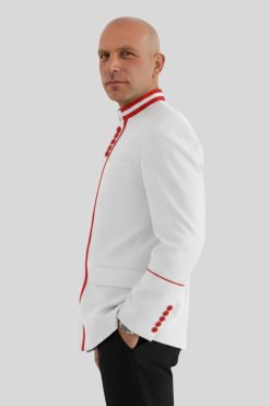 Modren Button Mens White Clergy Jacket with Red Trim