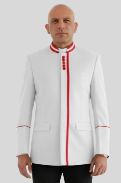 Modren Button Mens White Clergy Jacket with Red Trim