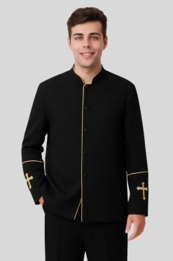 Stylish Black Mens Preacher Clergy Jacket with Golden Trim