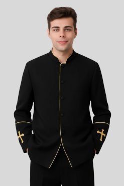 Stylish Black Mens Preacher Clergy Jacket with Golden Trim
