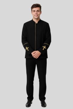 Stylish Black Mens Preacher Clergy Jacket with Golden Trim