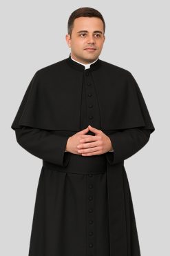 Men’s Black Cassock Elegant Priest Style with Shoulder Cape & 33 Buttons